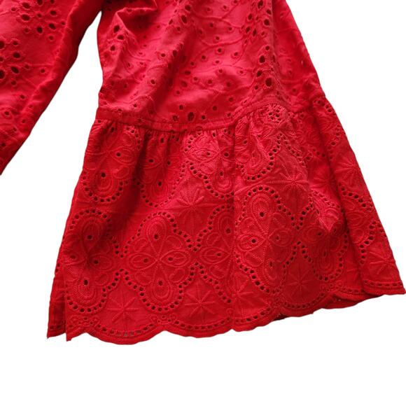 John Mark Red Eyelet Peasant Blouse Top, Cotton, Ruffle Sleeves sz XL - Picture 7 of 12